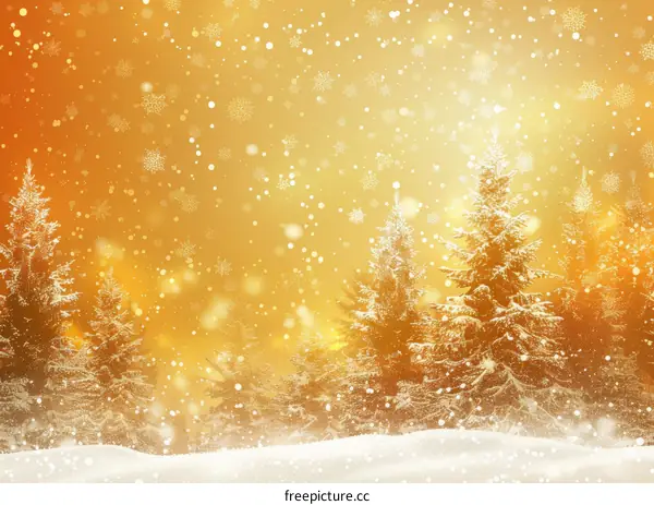 Golden Christmas Trees in Snowy Forest
