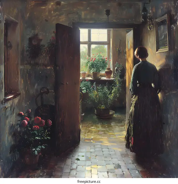Woman Standing in a Doorway Looking Out at a Garden