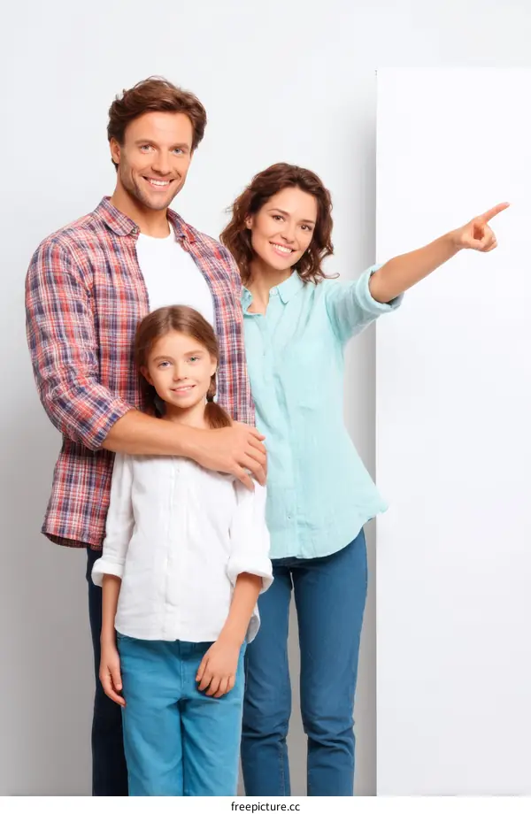 Happy Family Pointing at Blank Canvas