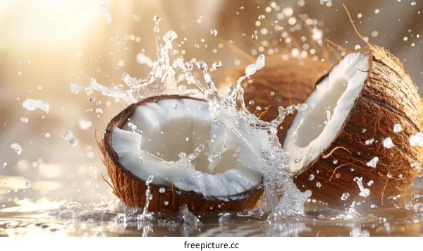 Coconut halves with water splash