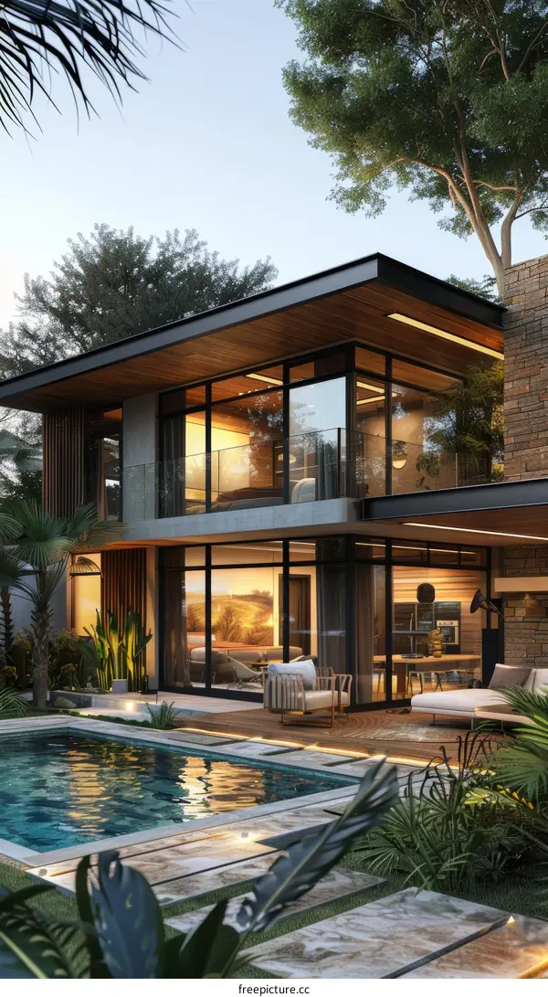 Modern house with pool by palm trees