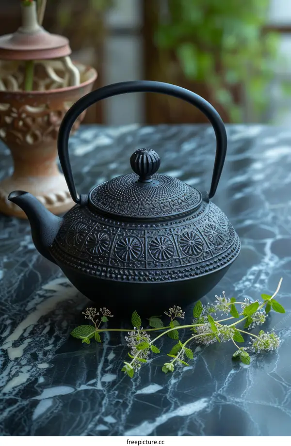 Black iron teapot with flower pattern and a sprig of mint