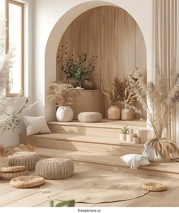 Minimalist Home Decor with Archway and Wooden Steps