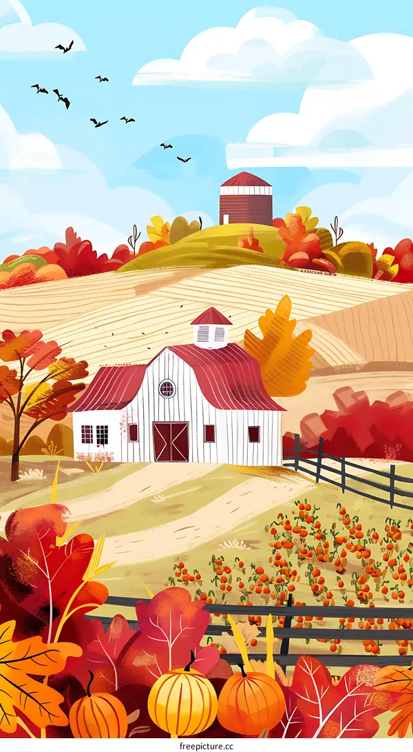 Autumn Farm Landscape Illustration with Red Roof Barn and Pumpkins