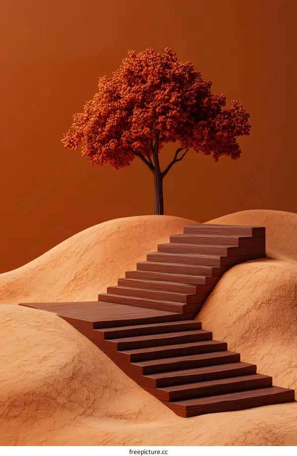 Abstract Minimalist 3D Staircase Landscape with Orange Tree