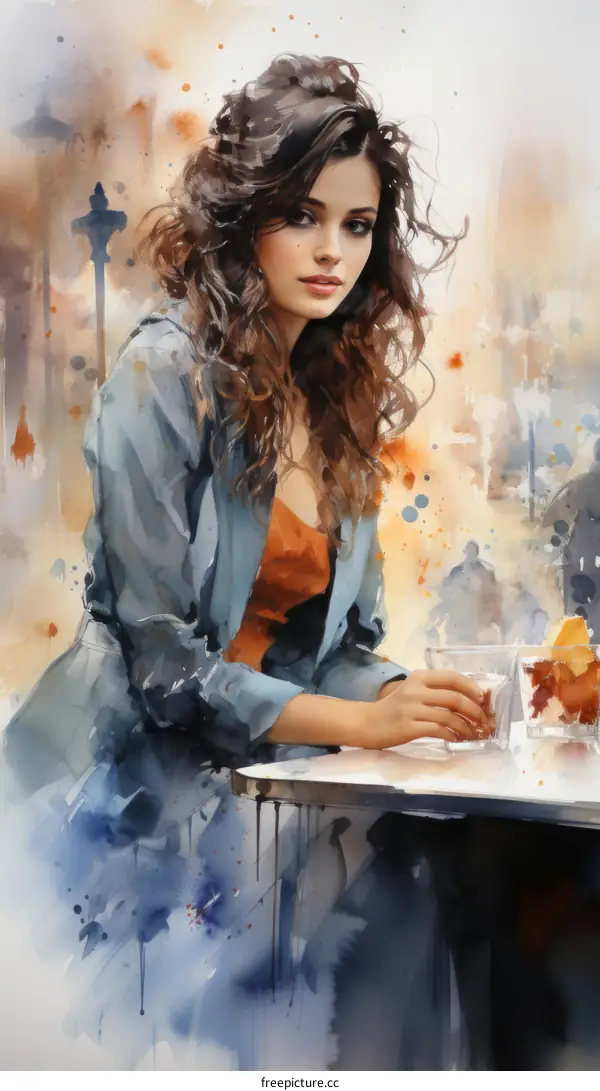 An artwork of a beautiful woman sitting at a table in a restaurant