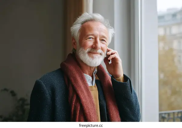 Elderly man talking on smartphone near window at home