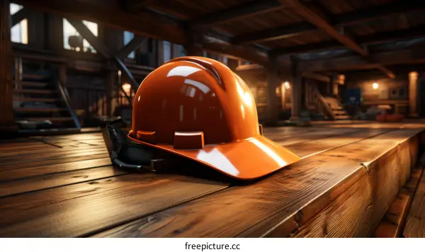 An orange hard hat sits on a wooden table in a workshop.