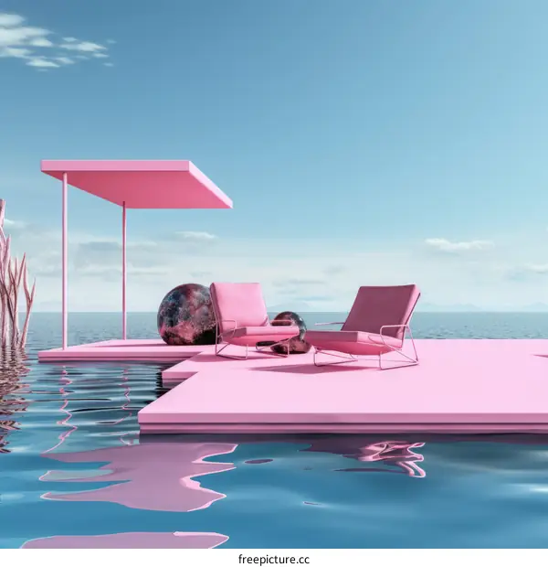 Pink platform floating on water with pink lounge chairs and shade structure