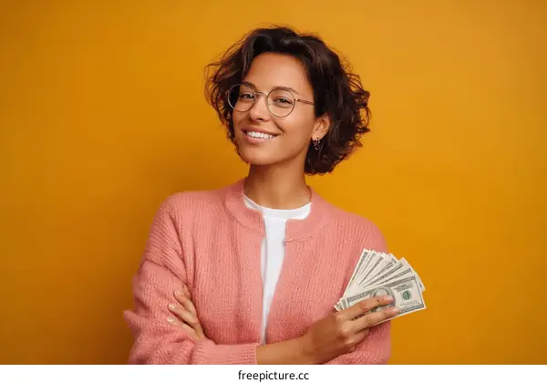 Happy Woman Holding Money Against Yellow Background