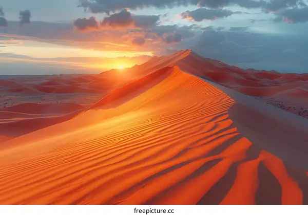 A vast and beautiful sand dune in the middle of a desert at sunset