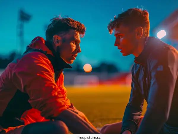 Two male athletes in tracksuits are talking on a soccer field at night