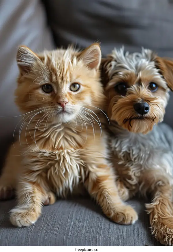 A ginger kitten and a small dog sitting together on a couch