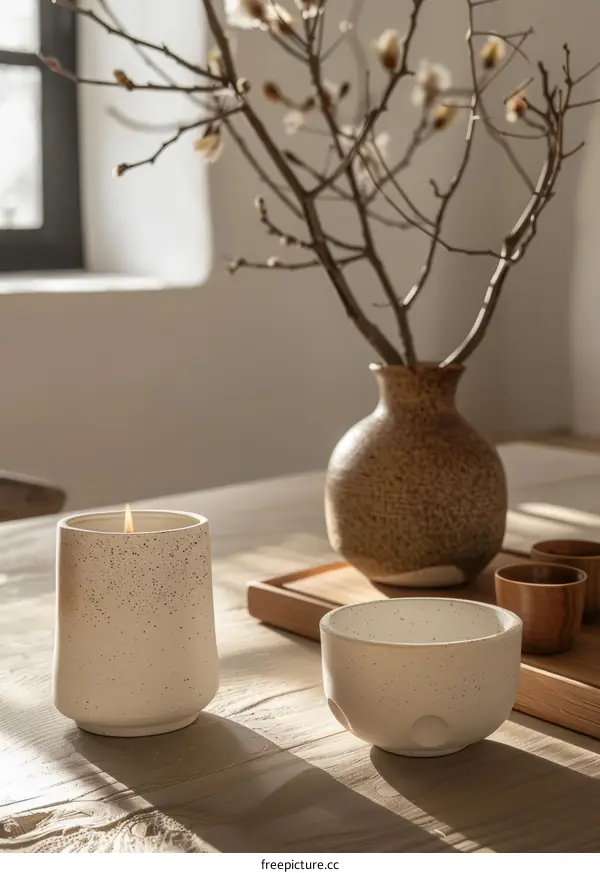 A ceramic vase and cup with a lit candle on a wooden table