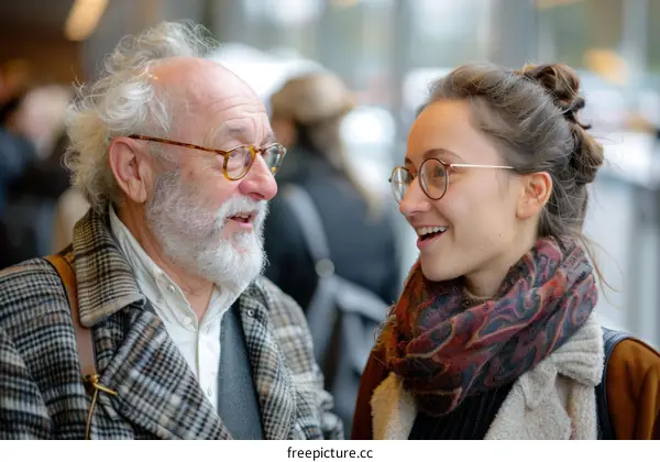 An old man and a young woman are talking and smiling