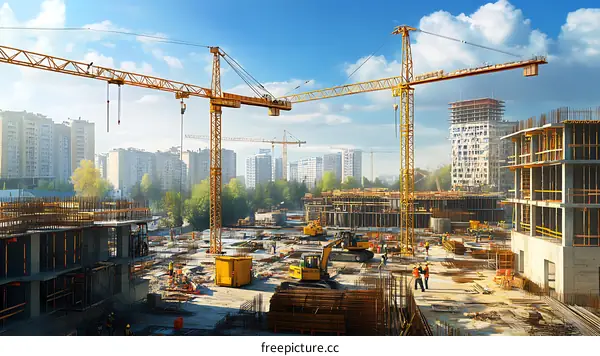Construction Site with Cranes and Workers