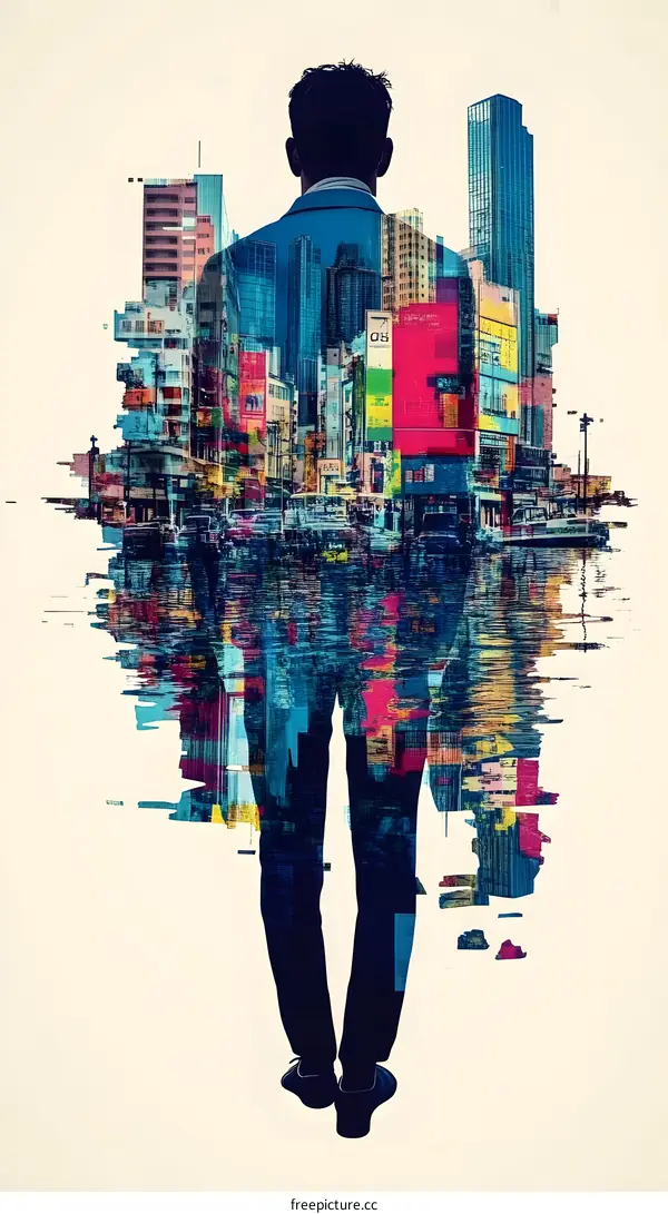 Cityscape Silhouette With A Man Walking In The Foreground