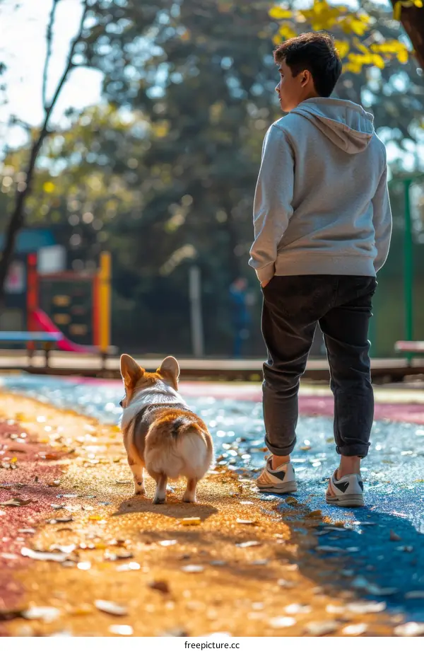 A man walking his corgi dog on a colorful path in the park