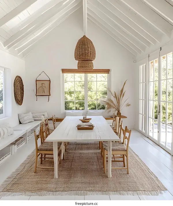 White Interior Design with Rustic Wooden Dining Table and Wicker Chandelier