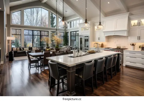 Modern house interior design open floor plan kitchen living room dining room