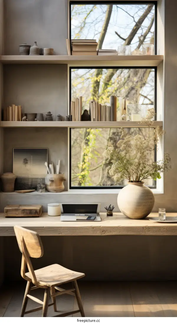 Wooden Desk with Flowers and Laptop by Window