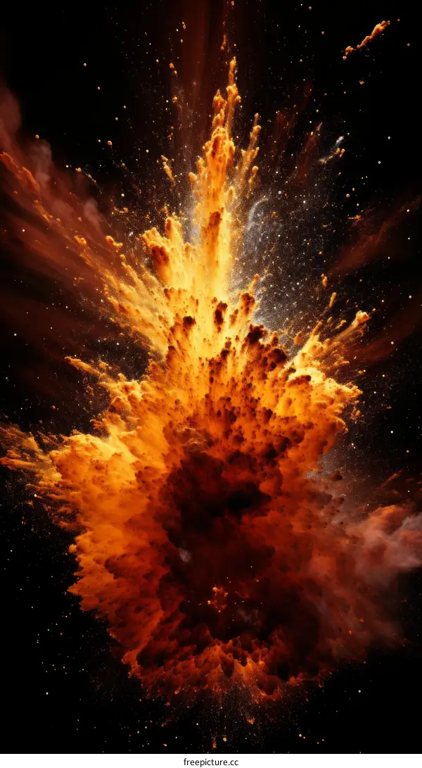Orange powder explosion on black background