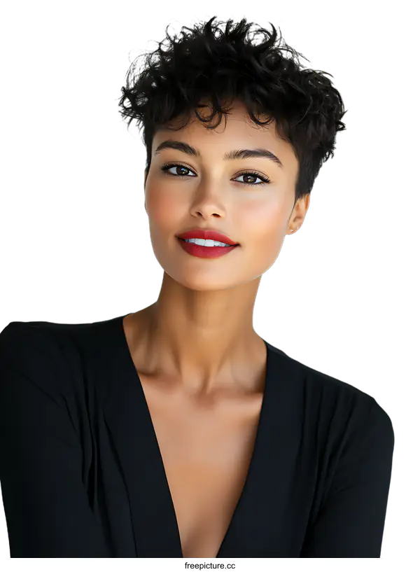 [Transparent Background PNG]Beautiful Woman with Short Curly Hair and Red Lipstick