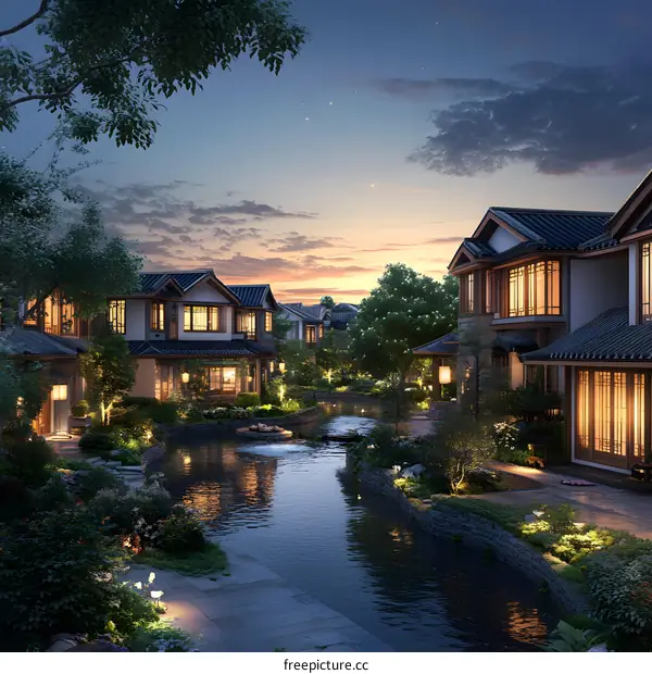 Traditional Chinese Style Architecture Homes With River And Gardens At Sunset