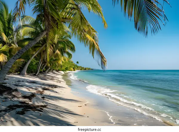 Palm trees on a beach in the Caribbean with white sand and blue water