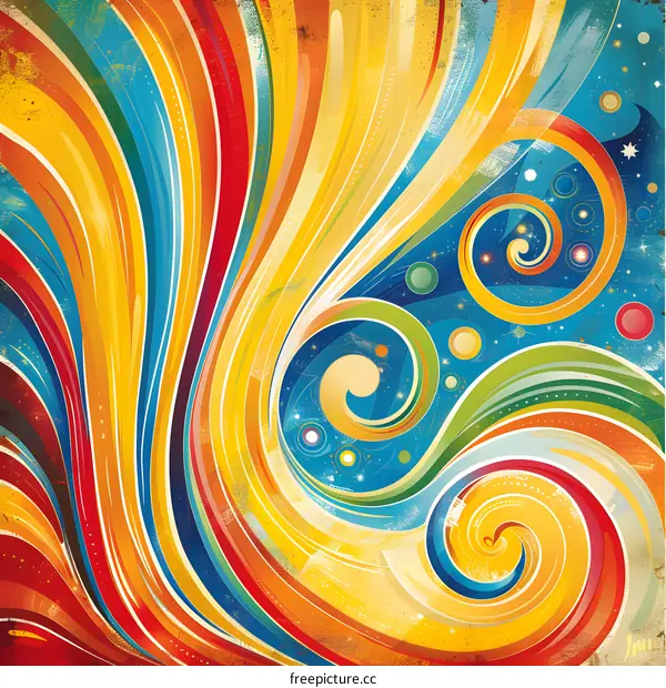 Colorful abstract painting with swirls and stars