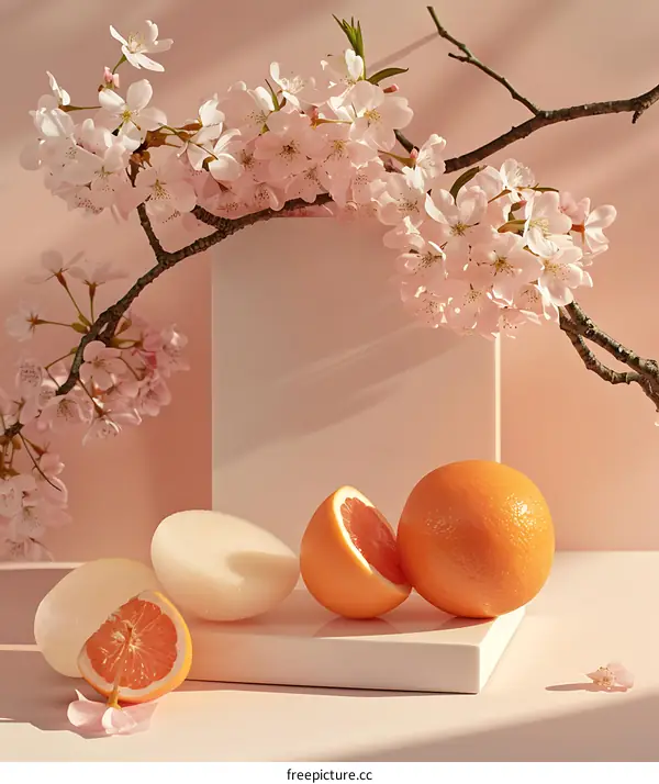 Pink Floral Background with Citrus Fruits