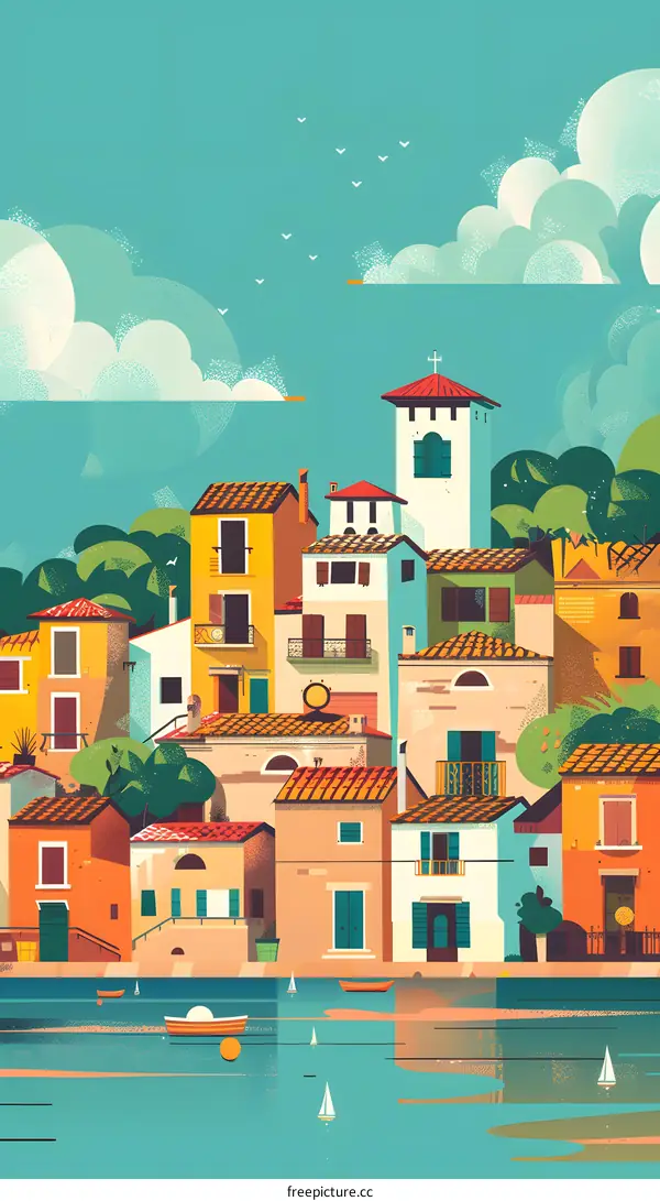 Coastal Village Illustration with a Blue Sea and  Green Trees