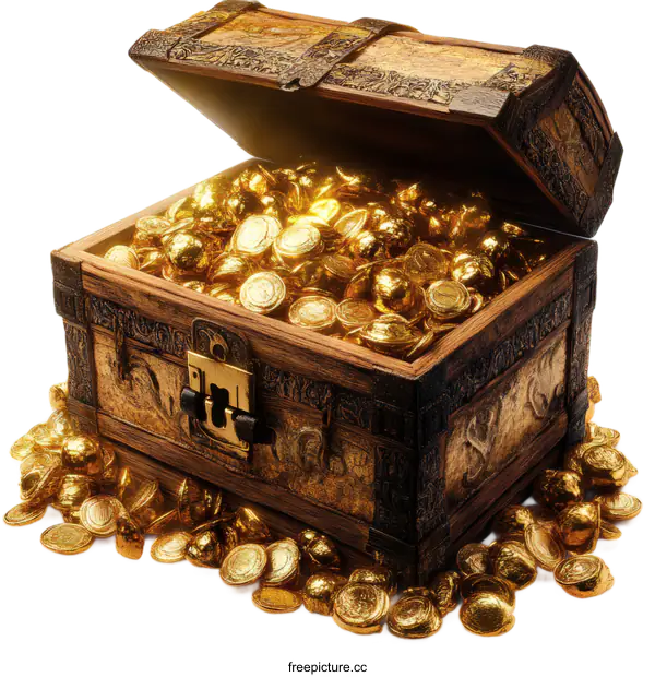 [Transparent Background PNG]Antique Wooden Treasure Chest Filled with Gold Coins