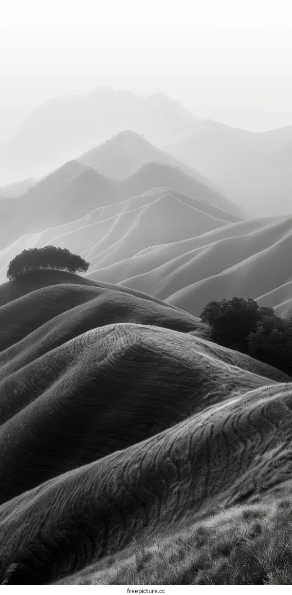 Black and White Scenery Showcasing Rolling Hills