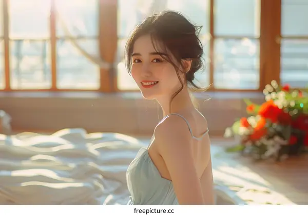 A smiling young woman in a blue dress is sitting on a bed.