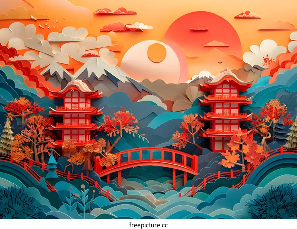 A paper cut illustration of a traditional Japanese landscape with a red bridge over a river and two pagodas on either side