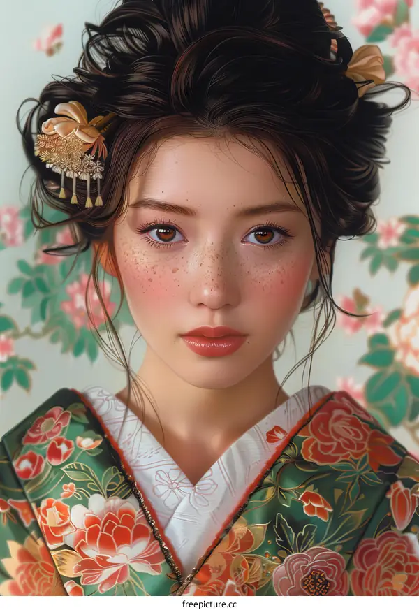 Beautiful Asian Woman in Traditional Japanese Kimono with Flowers