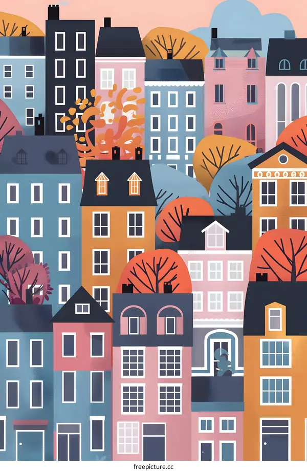 Colorful Illustration of Houses in a City