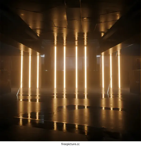 Modern interior space with illuminated vertical light strips and reflective floor