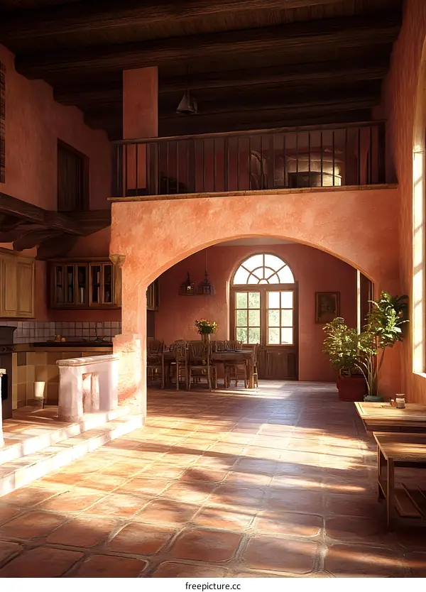 Rustic Interior Design with Arched Entryway and Balcony