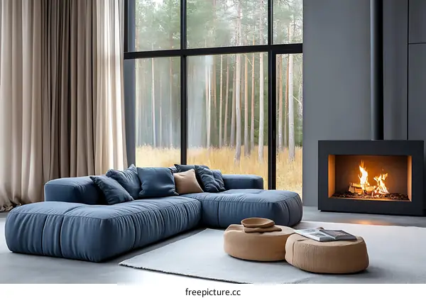 Modern Living Room with a Fireplace and Large Windows