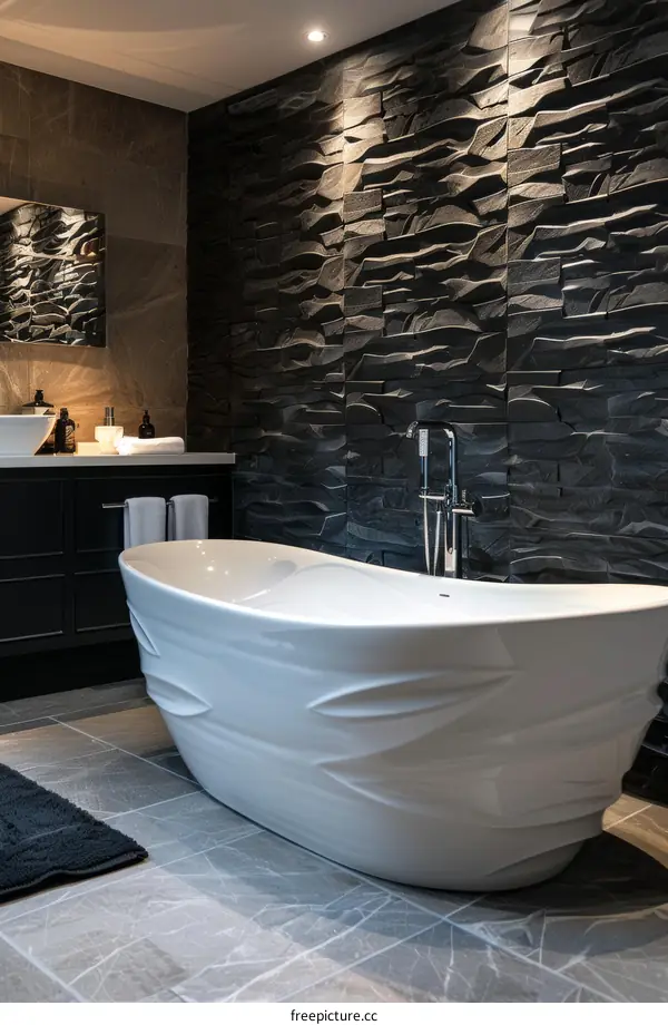 Modern Luxury Bathroom with Stone Wall and Bathtub