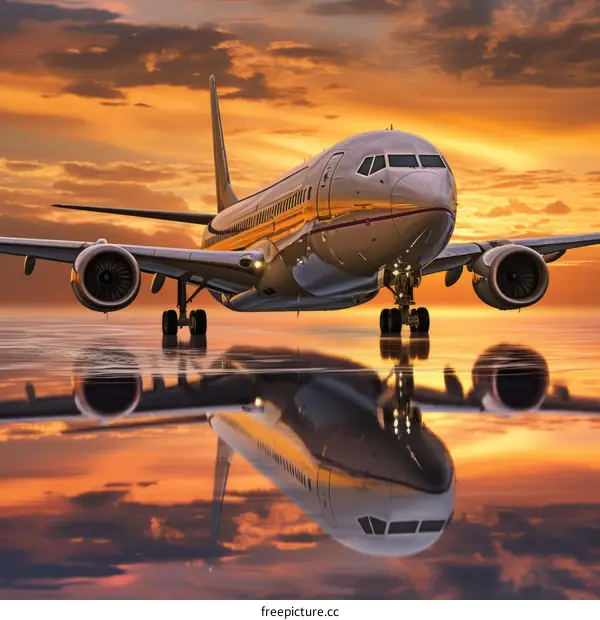 airplane landing on runway at sunset with reflection on water