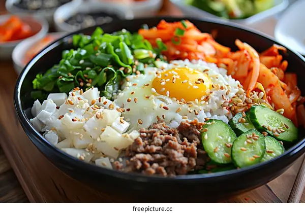 Korean Food, Bibimbap with egg, cucumber, carrot, and kimchi