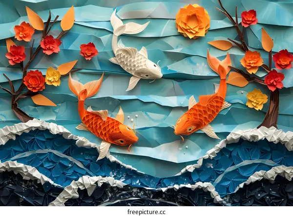 Paper Art of Fish Swimming in the Water with Flowers