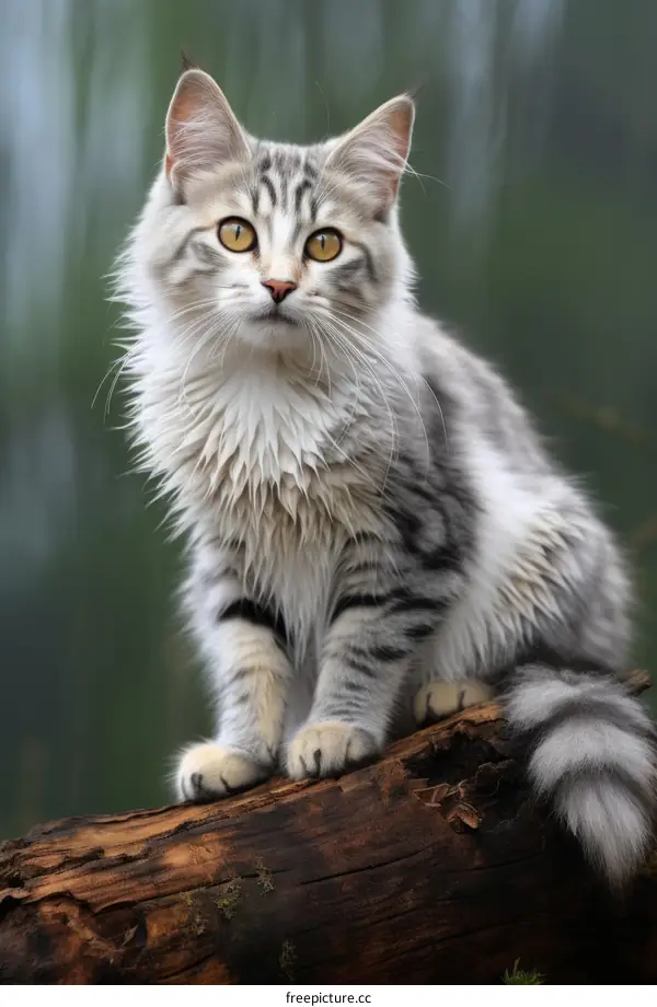 A gray and white cat is sitting on a log in the woods