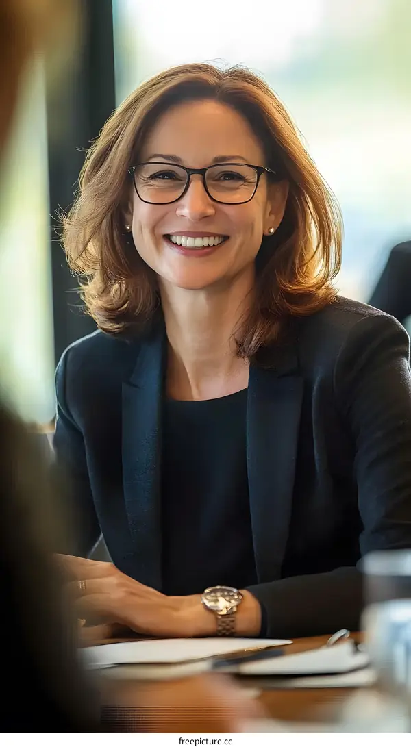 Smiling Businesswoman Wearing Glasses Sitting at a Desk