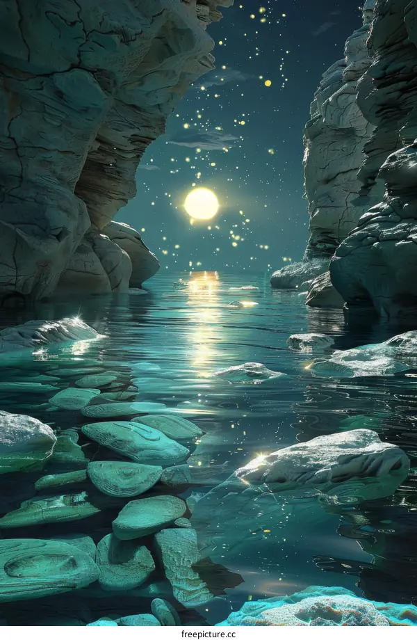 Mystical Moonlight Over Fantasy Rocky Seascape