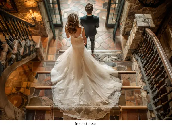 The bride and groom stand at the top of the stairs, looking out at the view.