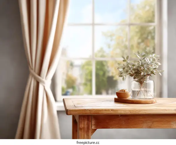 Wooden Table with Plants by a Window